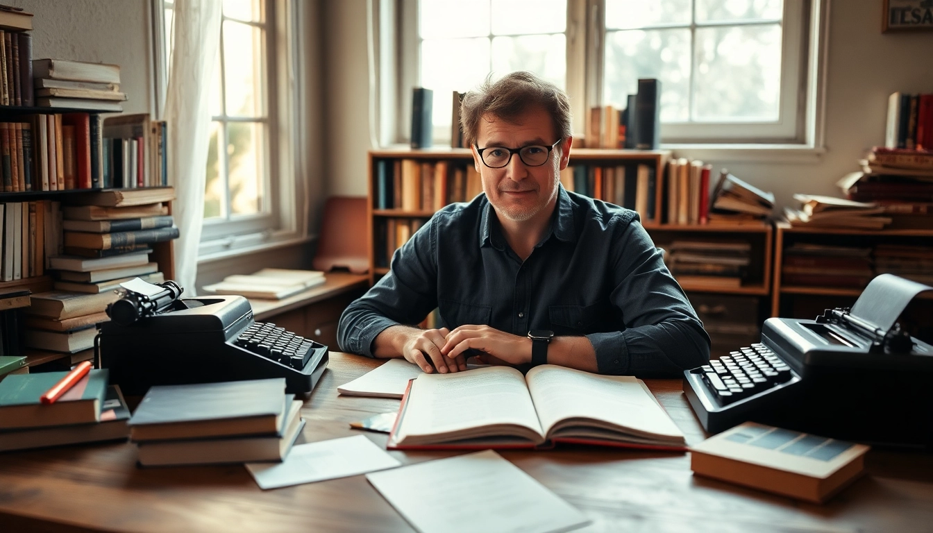 Author engaged in writing at a wooden desk with books and typewriter.