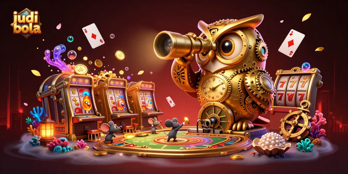 Engage in judi bola with a lively casino scene featuring a clockwork owl and vibrant game elements.