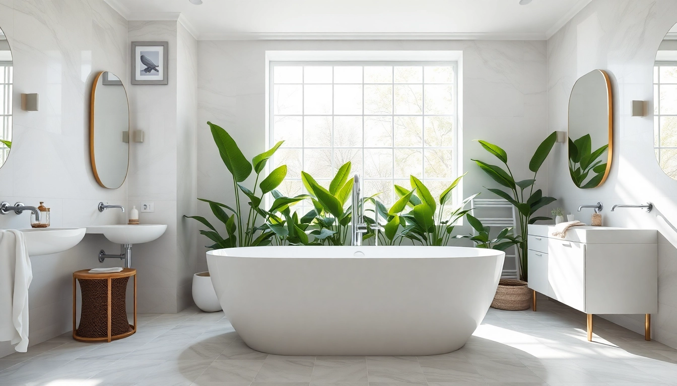 Modern bathroom renovations near me in a bright and spacious design with elegant fixtures and natural sunlight.