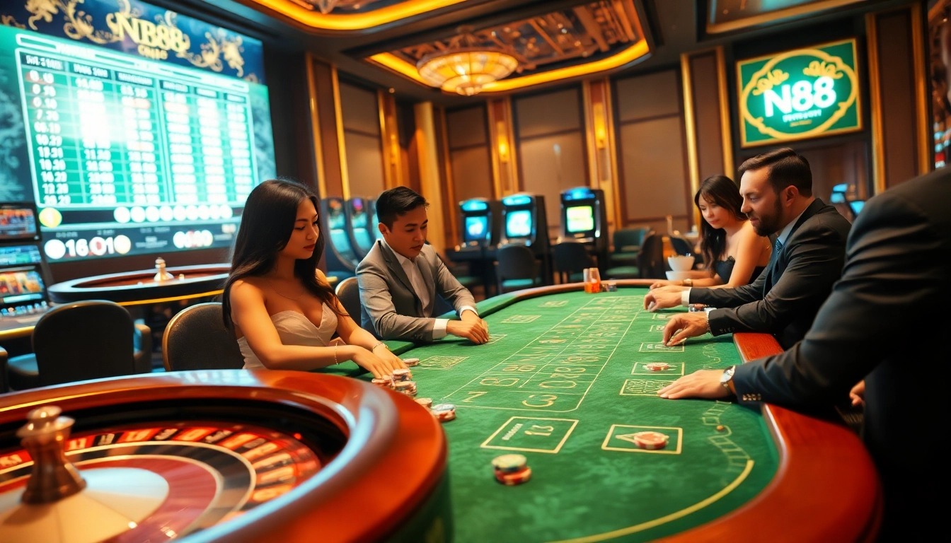 Players engage in high-stakes blackjack at the NK88 casino, surrounded by vibrant poker chips and a spinning roulette wheel.