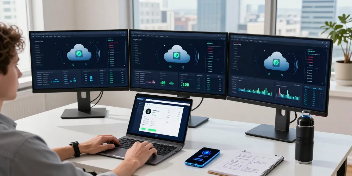 Secure cloud mining platform monitoring in a professional tech workspace with cryptocurrency charts and digital wallet interface.