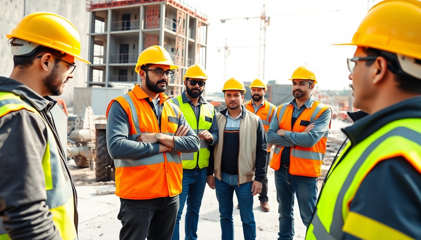Engaged workers participating in construction safety training, showcasing protective gear and teamwork.