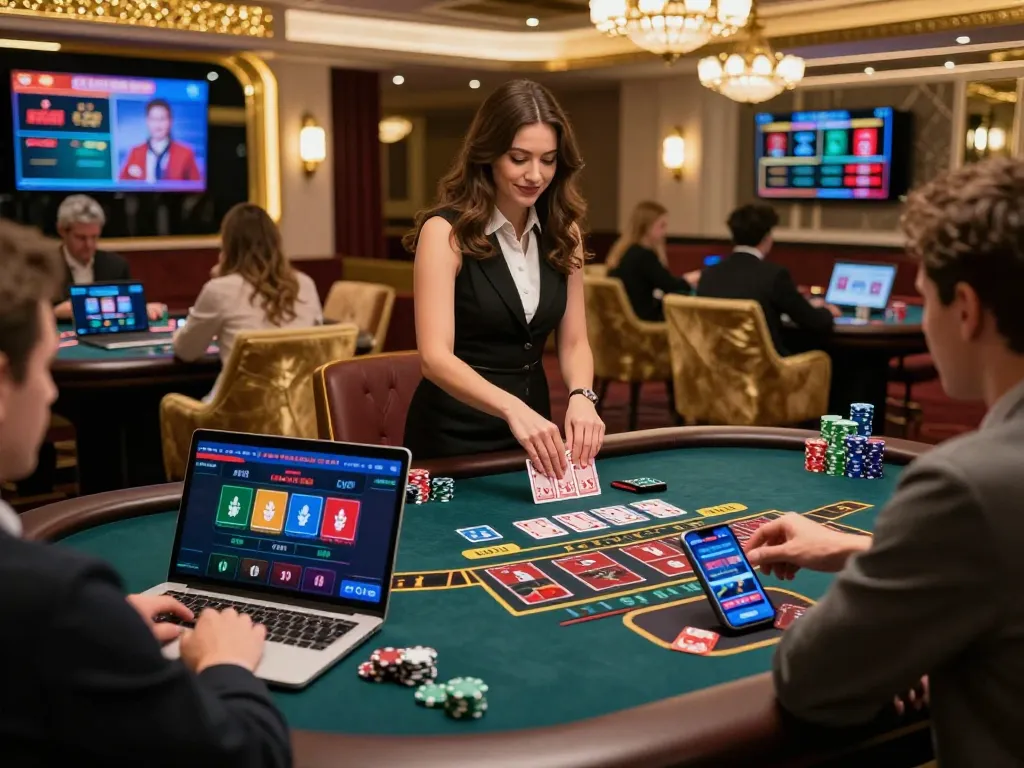 Dynamic scene of online baccarat gameplay showcasing a dealer and players, reflecting modern baccarat사이트 excitement in a luxurious setting.