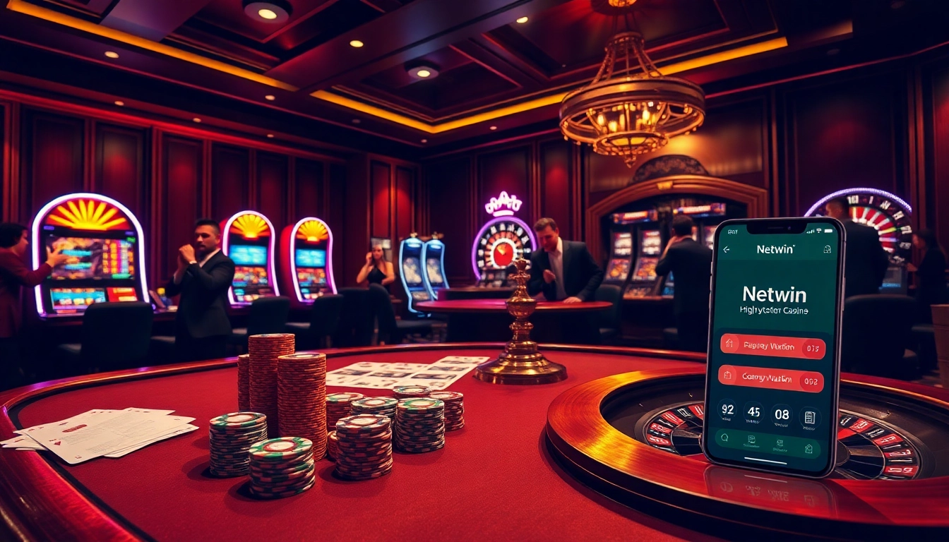 Engaging Netwin gameplay scene with vibrant casino elements, poker chips, and a roulette wheel.