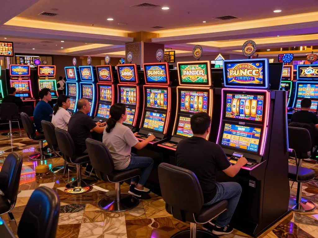 Play exciting slot gacor games with vibrant machines and thrilled players in a dynamic casino setting.