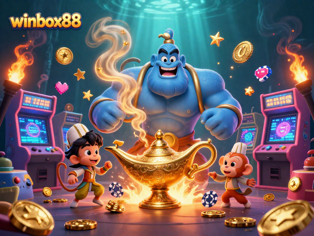 Experience the thrill at winbox88 with a vibrant 3D casino scene filled with characters and gaming elements.