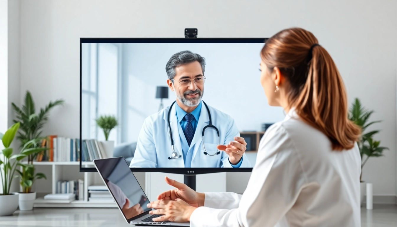 Telehealth doctor for prescriptions providing virtual consultation in a modern office setting.