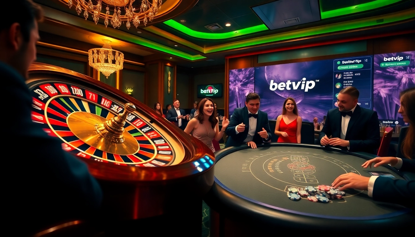 Trải nghiệm cảm giác hồi hộp tại Betvip với cảnh sòng bạc sống động, nổi bật với bánh xe roulette và bàn poker.