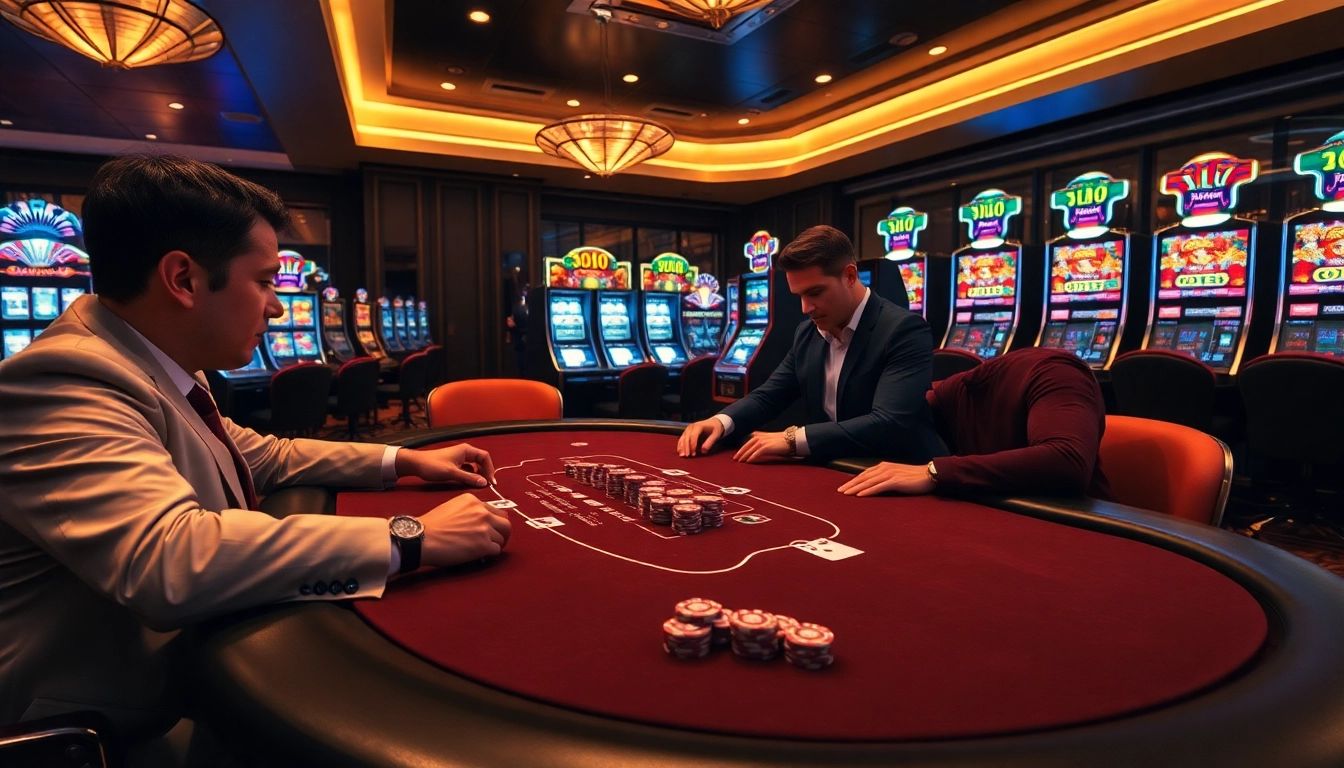 Players enjoying an exciting poker game at a luxurious casino while engaging with doaslot gaming elements.
