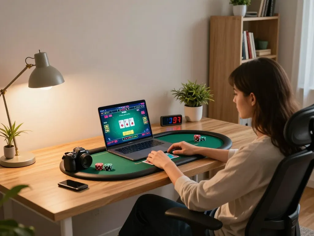 Player engaged in online poker at https://www.mnm88.com/ in a cozy home office.