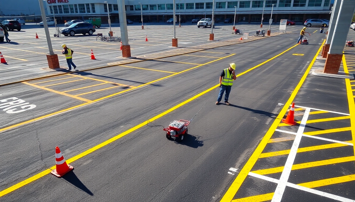 Professional parking lot striping Jackson MS crew applying fresh stripes in a commercial lot.