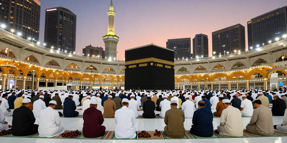 A mesmerizing view of crowds breaking fast during umroh full ramadhan at Masjidil Haram, illuminating the evening sky with spiritual devotion and community.
