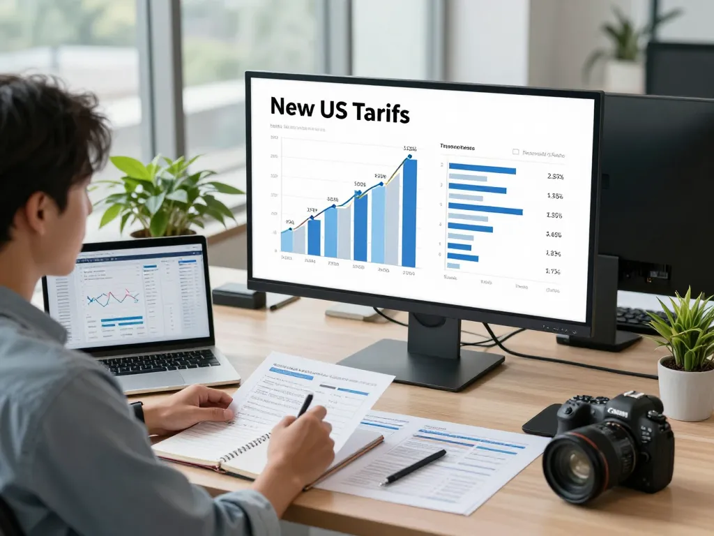 Business analyst reviewing data on New US Tariffs in a modern office setting, showcasing graphs and financial reports.