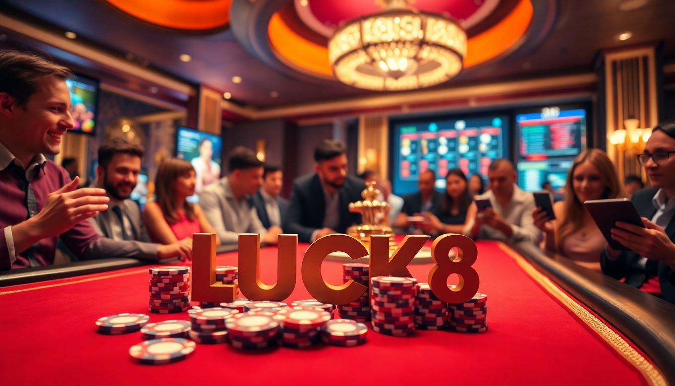 Experience excitement at LUCK8 as players engage at a luxurious casino table with vibrant chips.