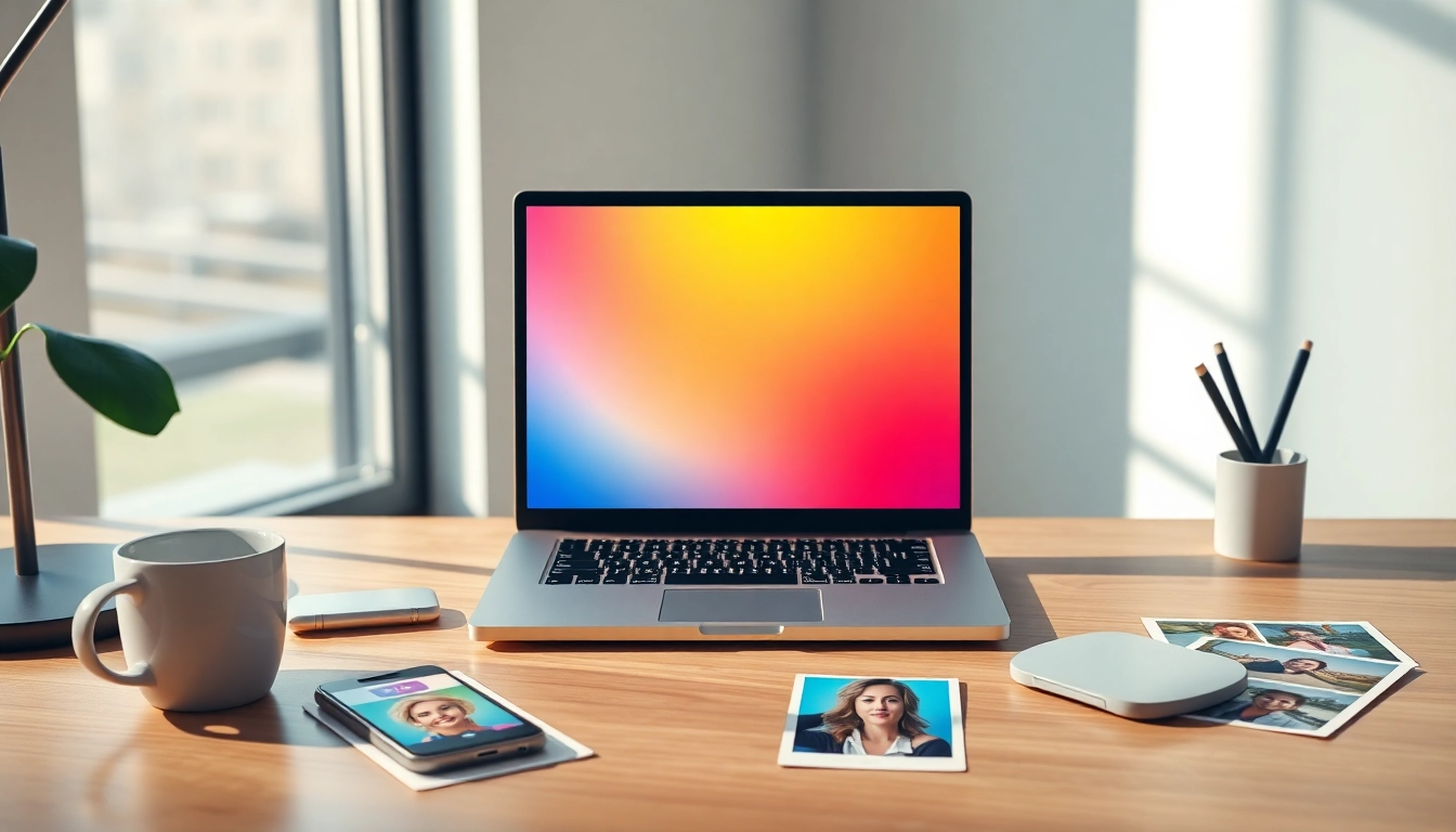 Profile photo maker tool showcased on a modern desk with vibrant gradient backgrounds.