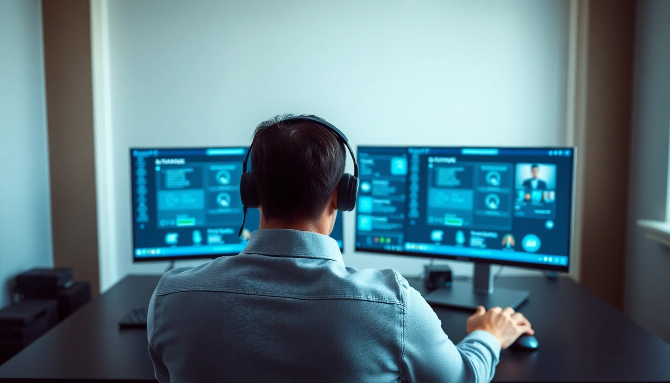 Engaged professional using remote call control technology in a modern workspace.