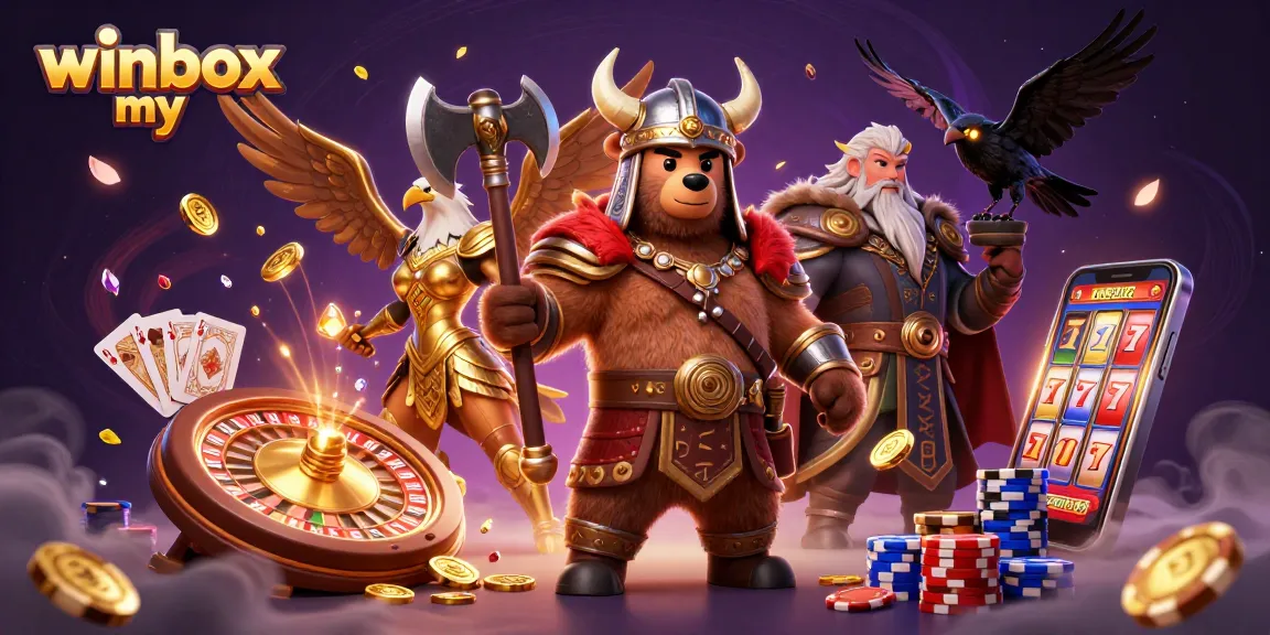Winbox my features a Viking bear and Valkyrie eagle amidst coins and an energetic casino setting.
