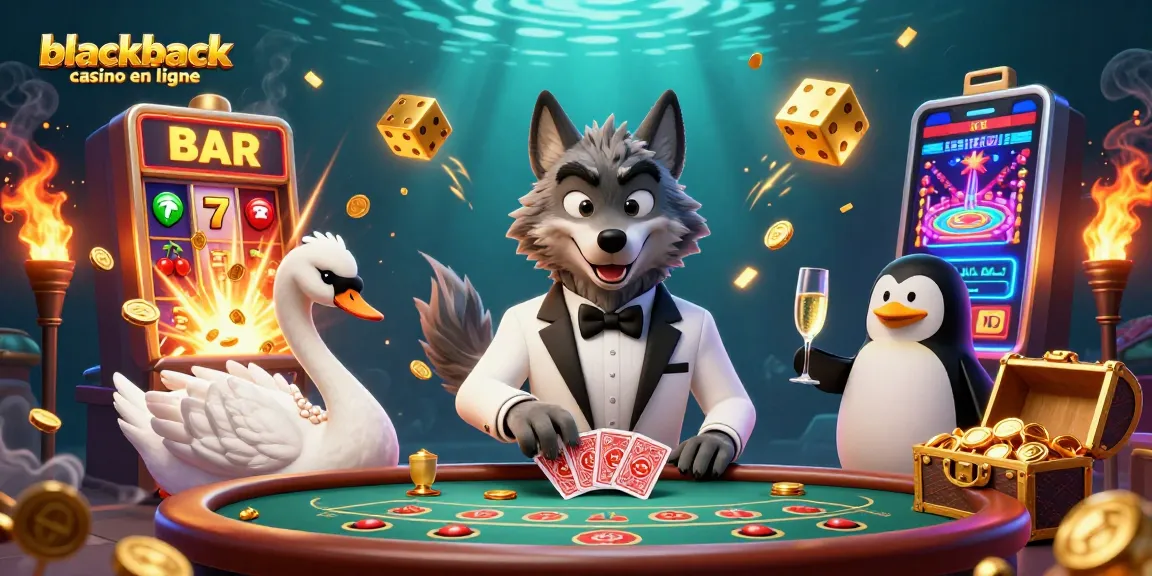 Jouez au blackjack casino en ligne avec un loup élégant au blackjack entouré de symboles de machines à sous.