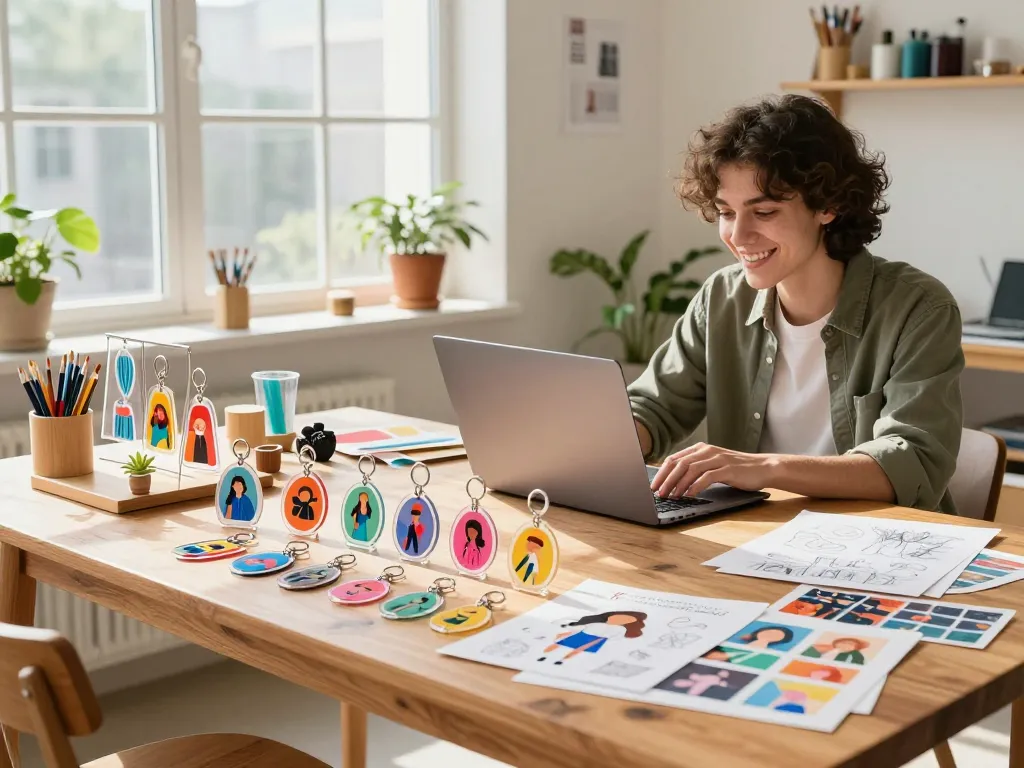 Custom acrylic keychains showcased in a vibrant artist's workshop with a smiling designer selecting personalized options.