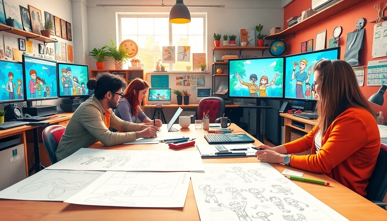 Animation Agency mit talentierten Animatoren, die in einem kreativen Arbeitsraum zusammenarbeiten.