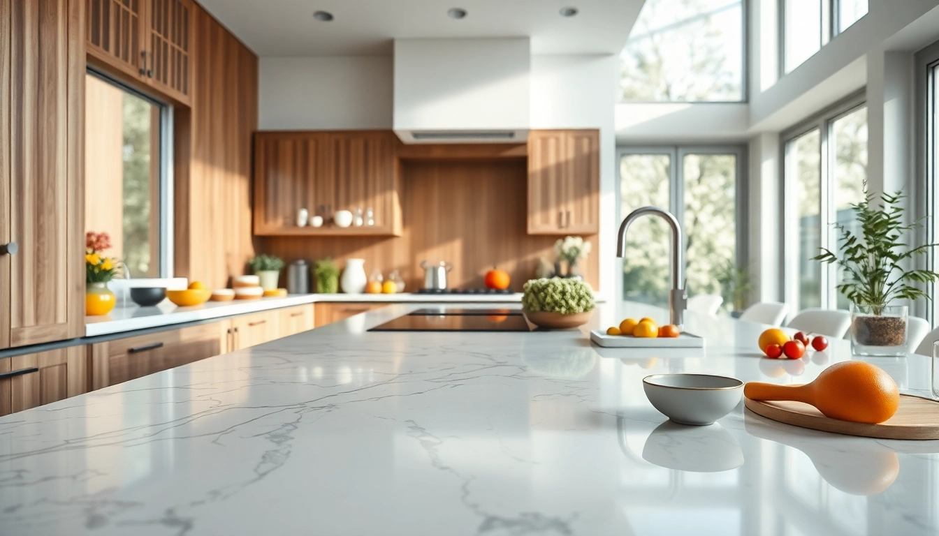 Elegant porcelain worktops showcasing texture and shine in a modern kitchen setting.