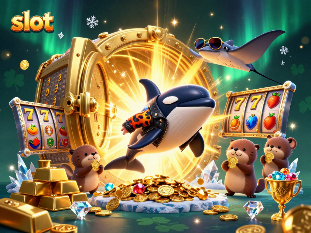 Slot yang penuh keberuntungan ditampilkan dalam ilustrasi 3D, memperlihatkan karakter lucu dan elemen kasino.