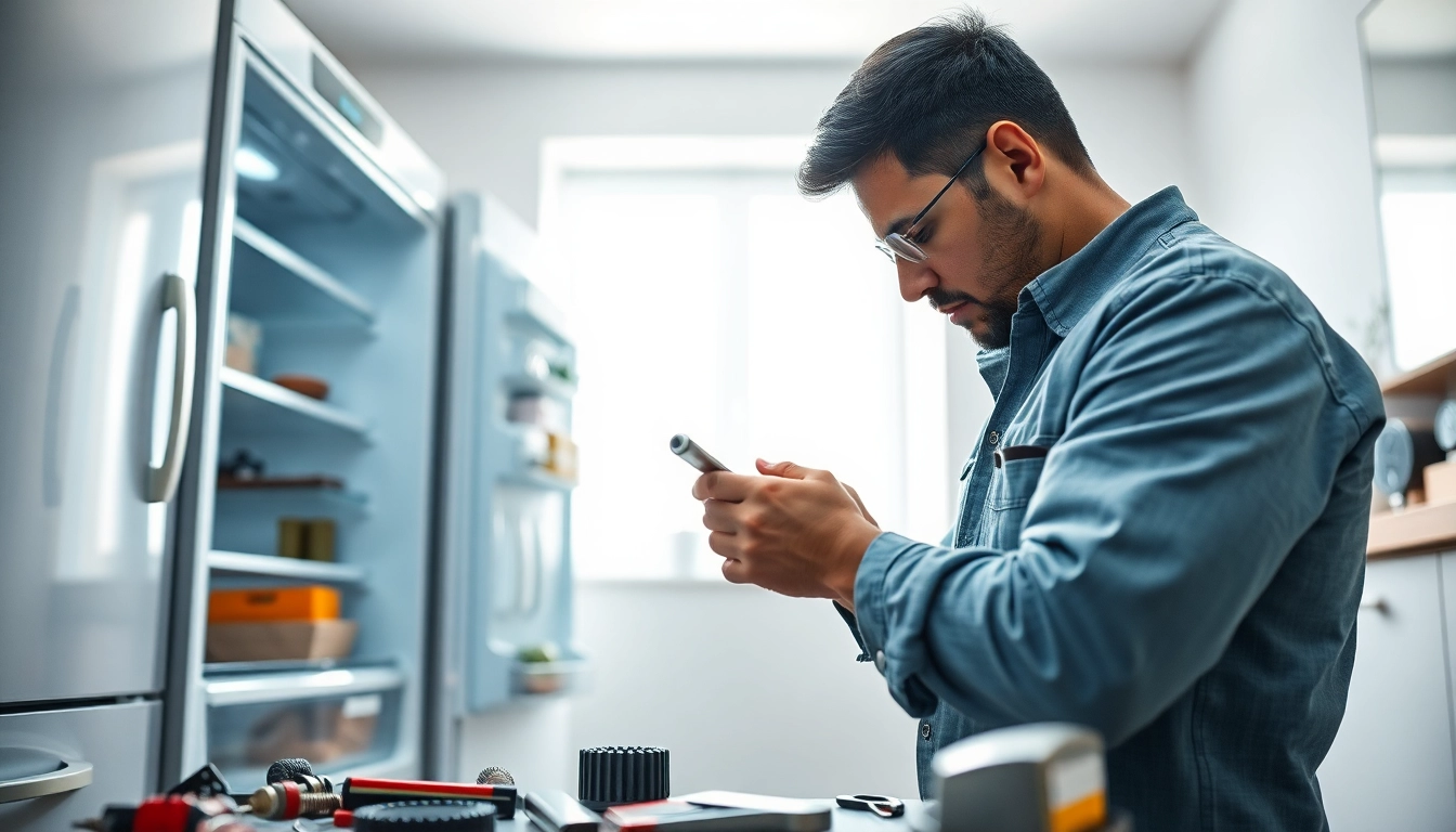 Expert performing refrigerator repair with tools in a bright kitchen setting.