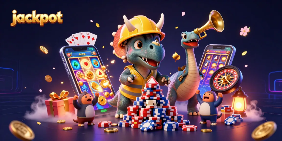 Jackpot scene featuring a triceratops building poker chip pyramid while a parasaurolophus celebrates