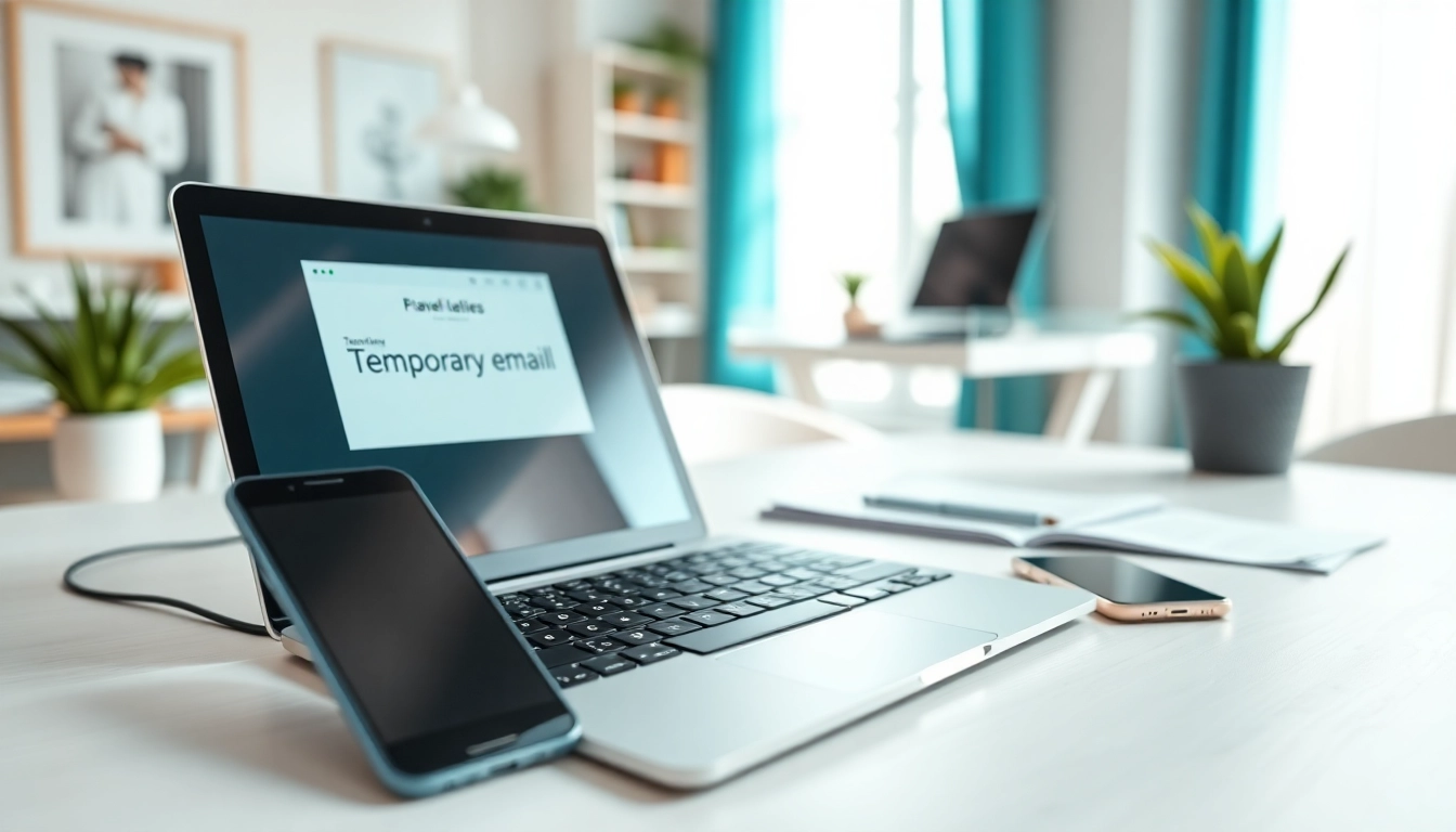 Access temp mail free temporary email service on a sleek laptop in a bright workspace.