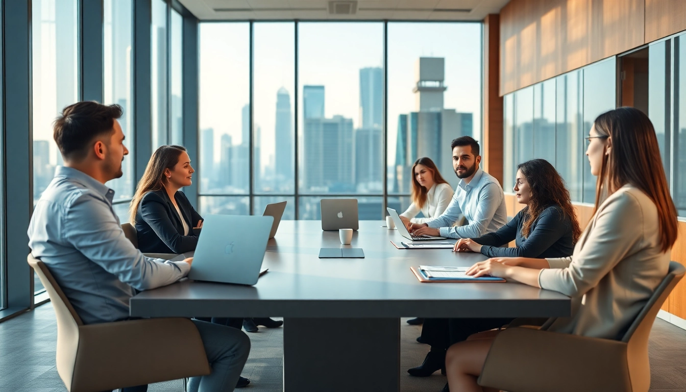 Engaging business meeting with diverse individuals discussing strategies in a modern office.