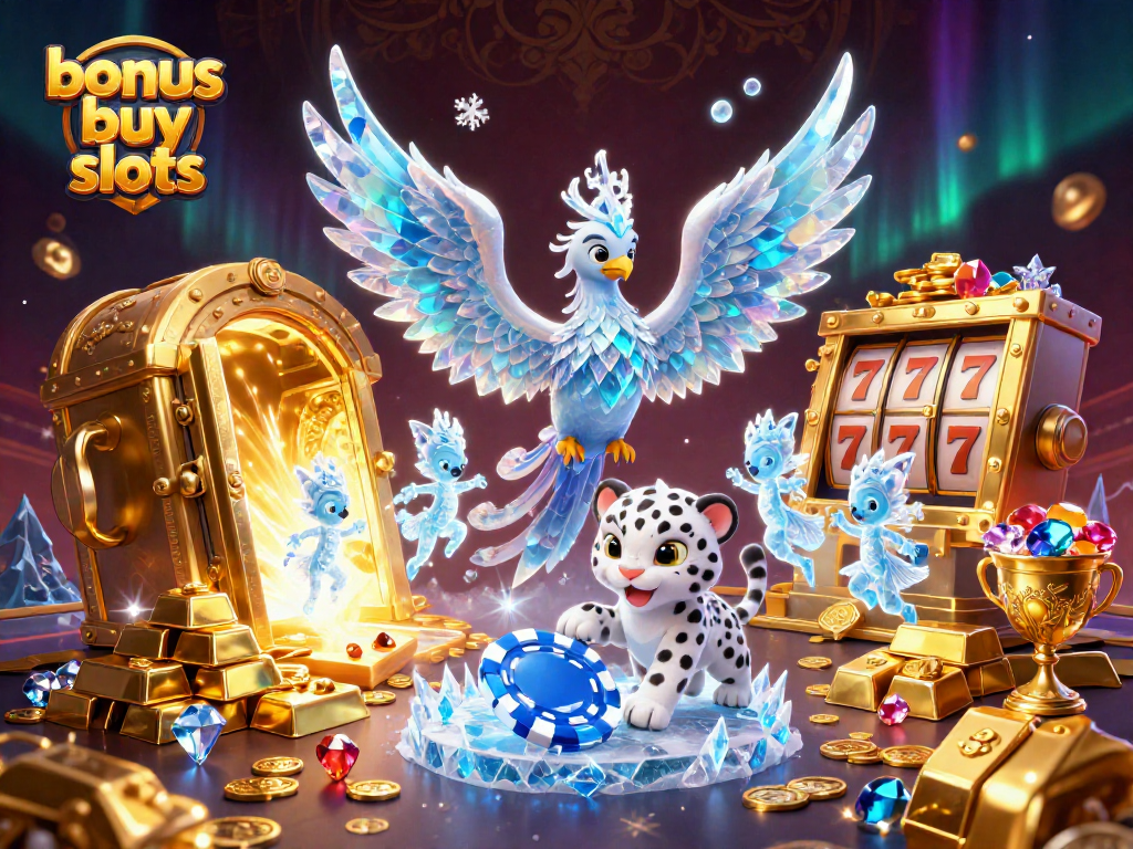 Engage in the excitement of bonus buy slots with captivating 3D illustration of an ice phoenix and treasures.