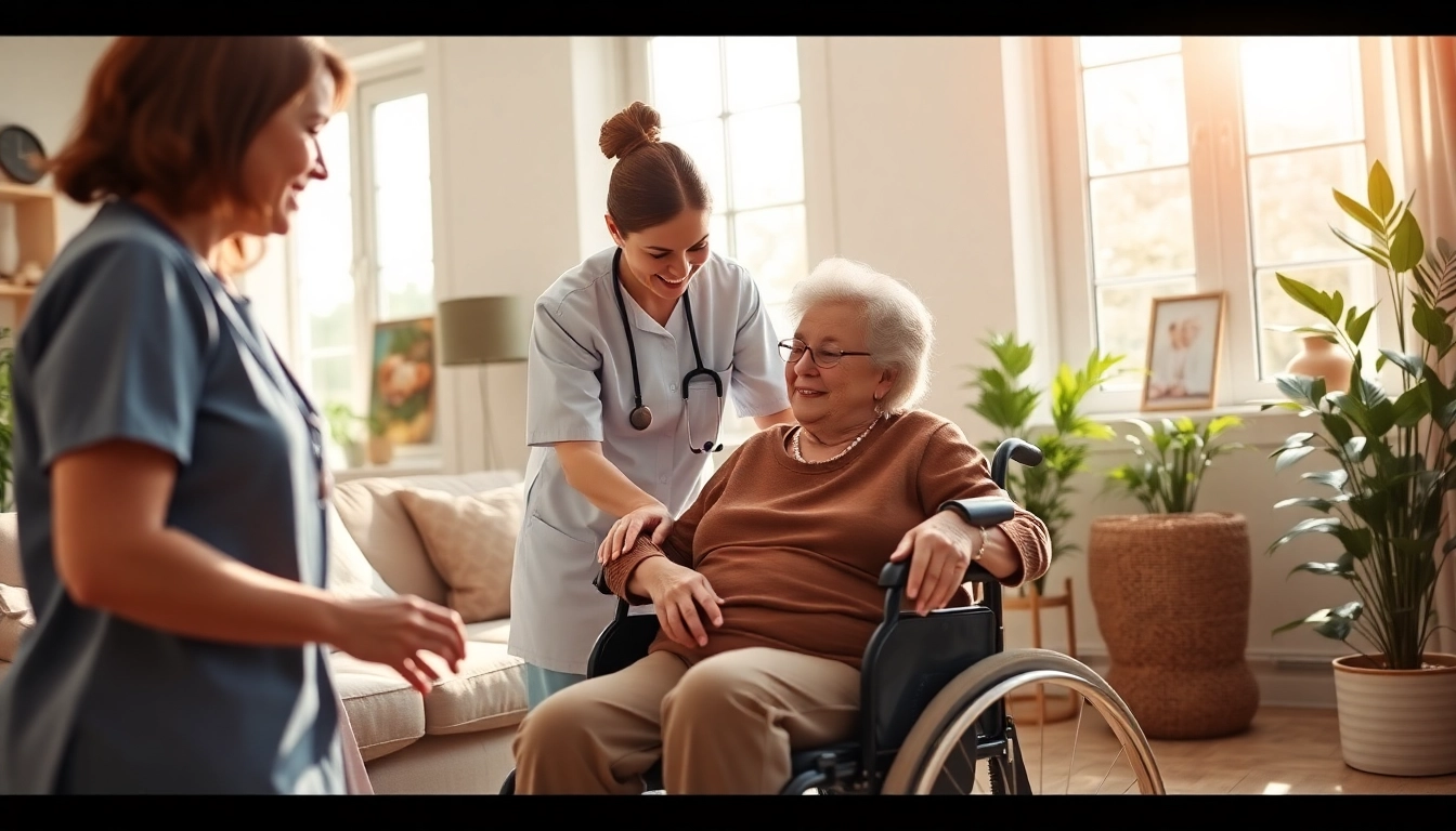 Providing compassionate home healthcare services in a warm, inviting living room setting with caregivers and seniors.