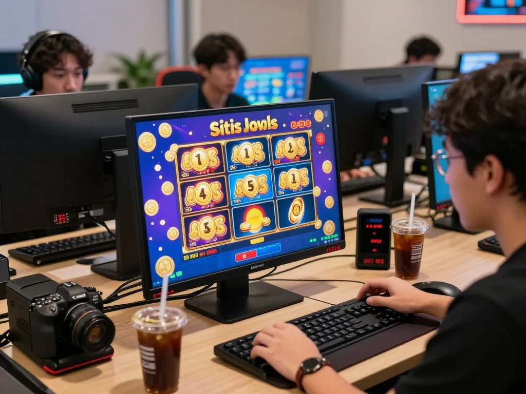 Kegembiraan permainan situs slot dengan seorang pemain di set desktop yang cerah mengalami visual yang mendebarkan dan jackpot.