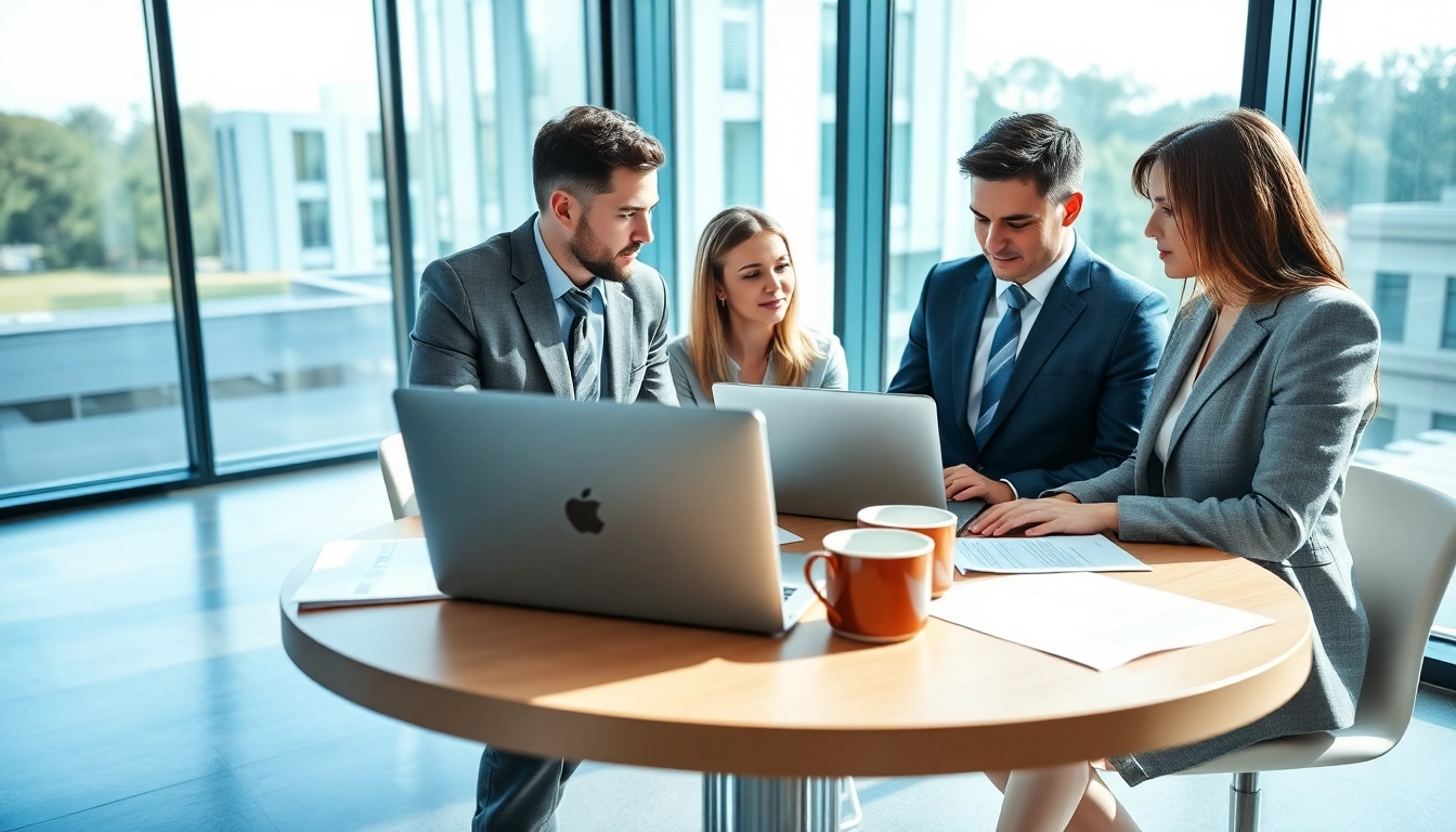 Engaging professionals at https://www.ihavealawsuit.com discussing legal matters in a bright office.