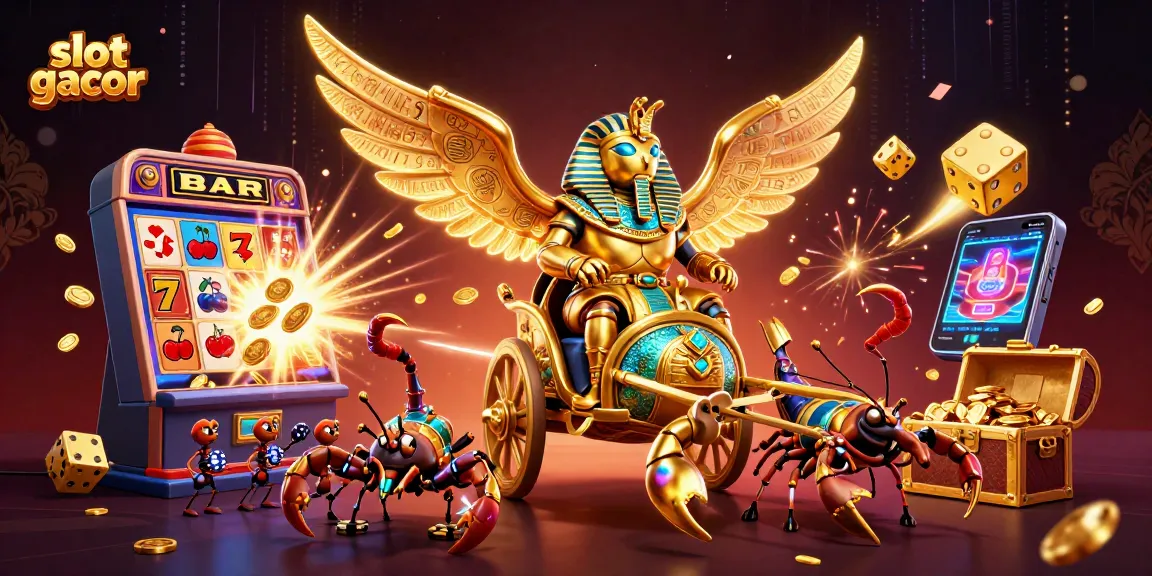 Slot gacor mengarahkan pemain pada mesin slot memukau, menampilkan simbol jackpot berkilau dan tumpukan chip poker.