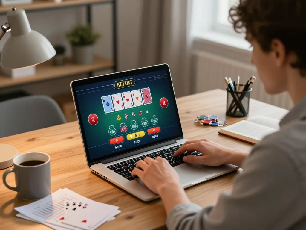 Playing blackjack online on open88 from a stylish home office, focused on strategy and gameplay.