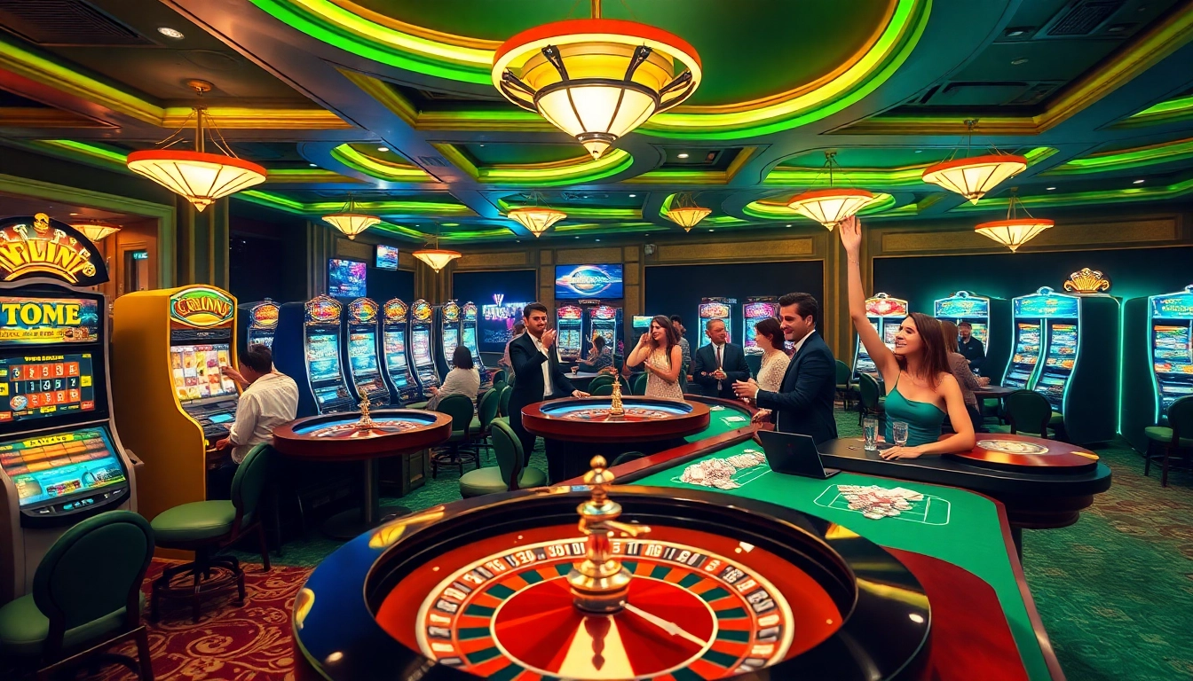 Menggugah penjudi di jmacdonaldphoto.com dalam adegan kasino yang dinamis menampilkan roulette dan mesin slot.