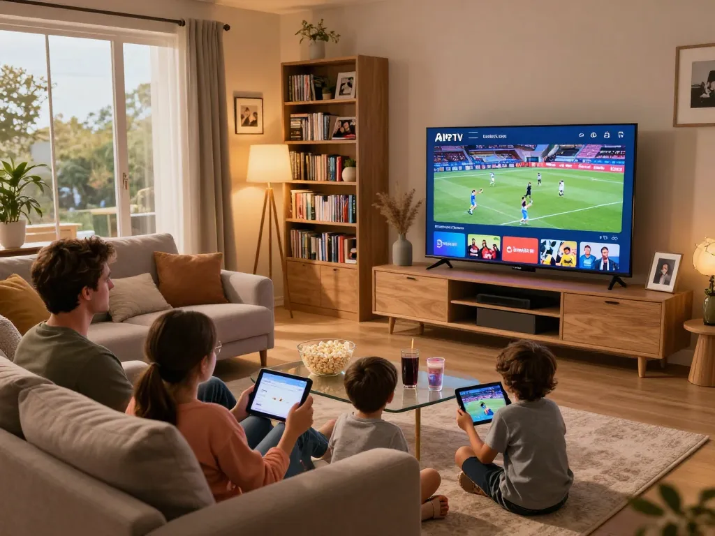 Gezin geniet van IPTV kopen in een gezellige woonkamer terwijl ze films en sport kijken.