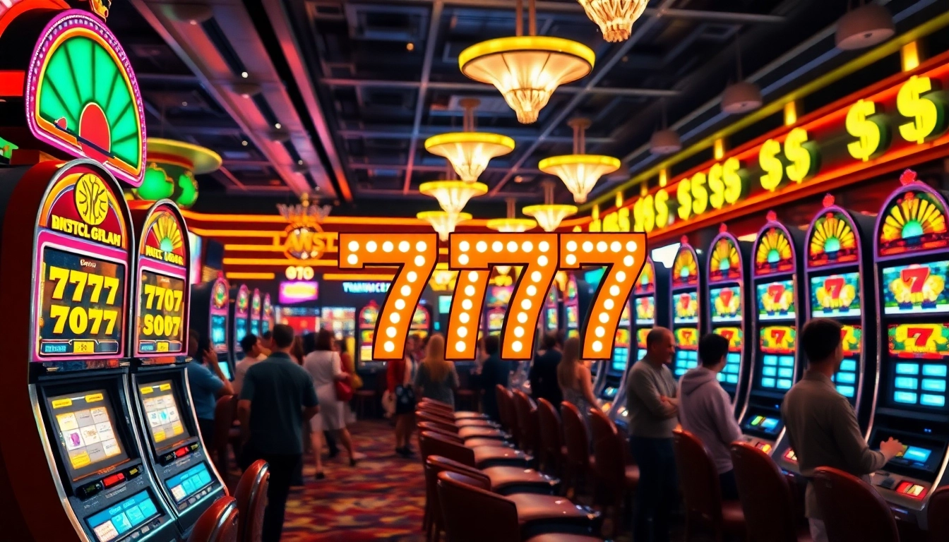 Permainan slot 777 yang menarik dengan mesin besar dan suasana kasino yang ceria.