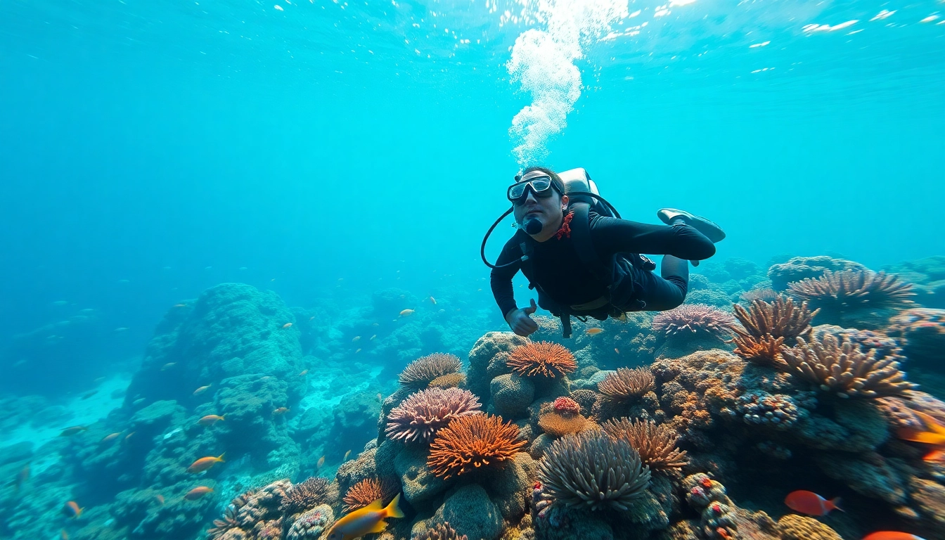 Experience an underwater adventure with a diver at https://marvinscubaexpeditions.com surrounded by vibrant marine life.