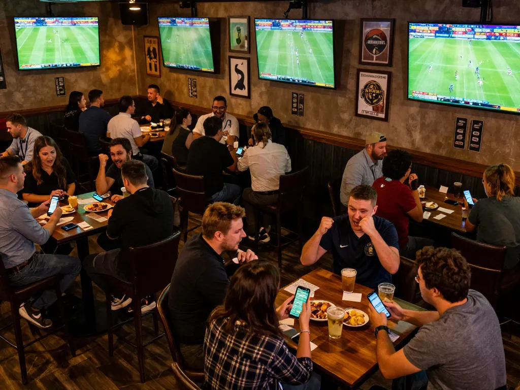 Cakhia sports fans intensely engaging in live betting while watching football matches on screens.