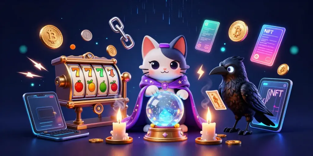 Putaran slot menampilkan kucing mistik dan burung gagak, dikelilingi elemen perjudian yang berkilau.
