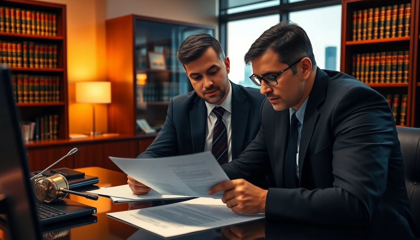 Engaged Modesto Accident Lawyer consulting a client in an office setting with legal documents.