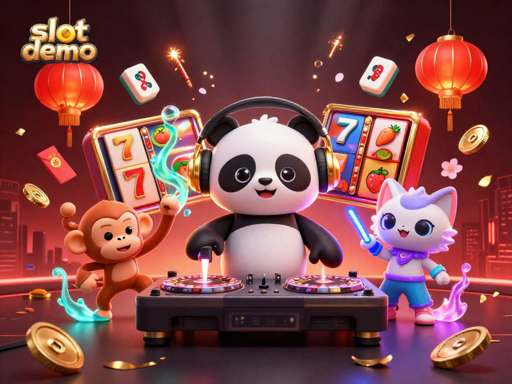 slot demo menampilkan panda DJ dan karakter lucu sambil bermain mesin slot dengan suasana meriah