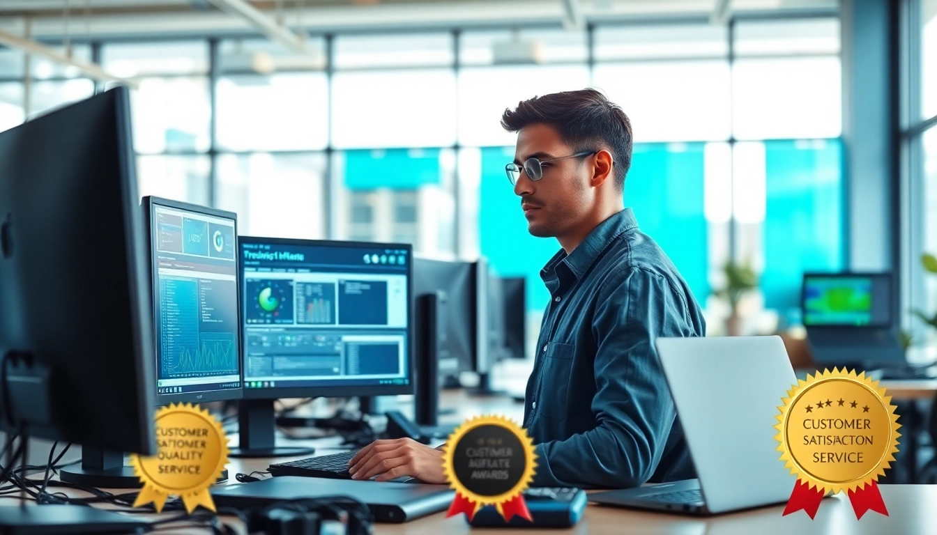 Providing reliable computer services with a technician efficiently troubleshooting in a modern office.