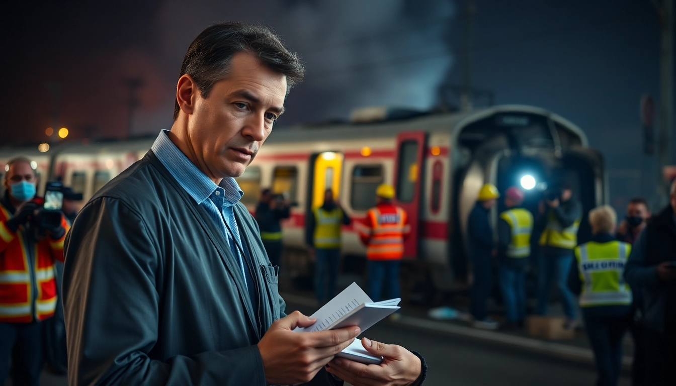 Journalist reporting on the spain train crash scene with first responders and wreckage.