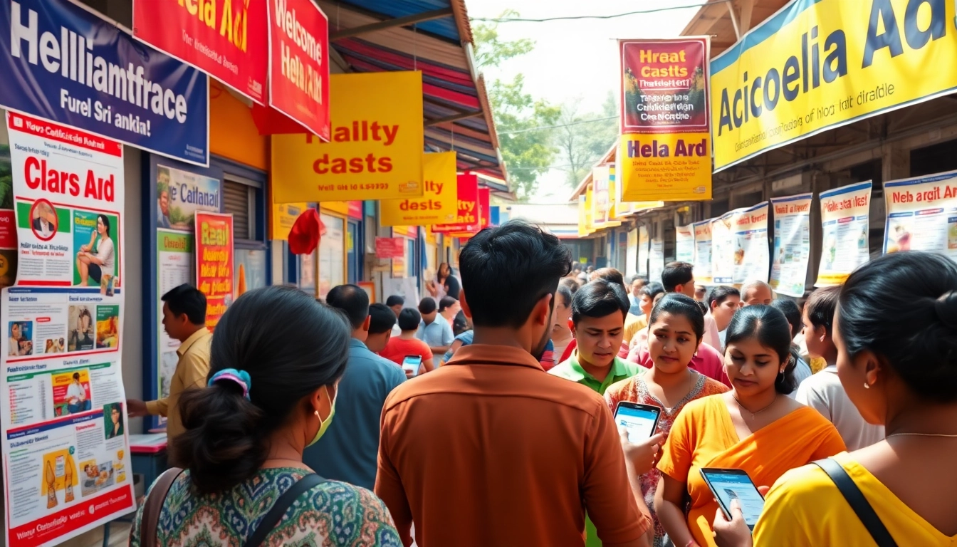 Engaging scene of Hela Ad marketplace with vibrant ads and diverse people interacting.