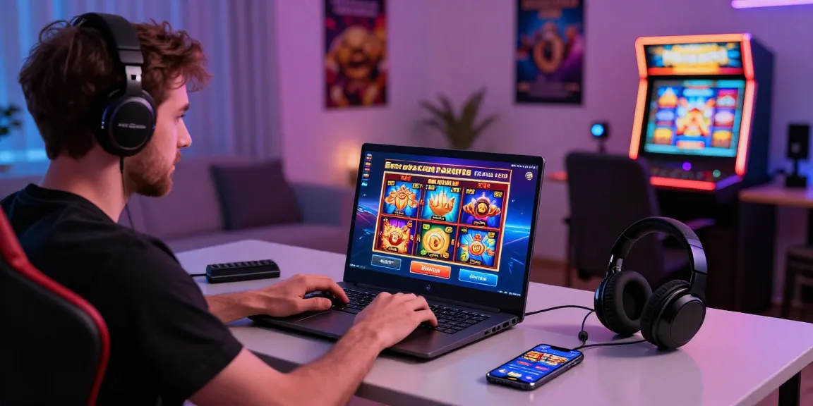 Excited UK player exploring the best credit card casinos on a laptop, surrounded by gaming gear and vibrant slot game graphics.