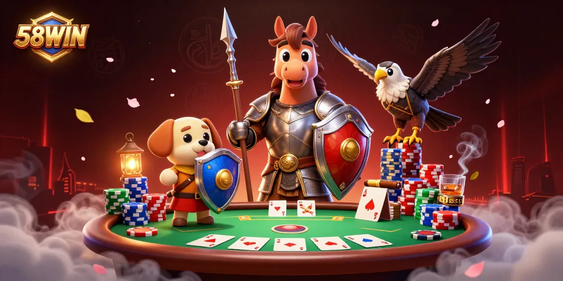 Engage with thrilling action at 58WIN, showcasing a knight, puppy, and falcon amidst dynamic poker elements.