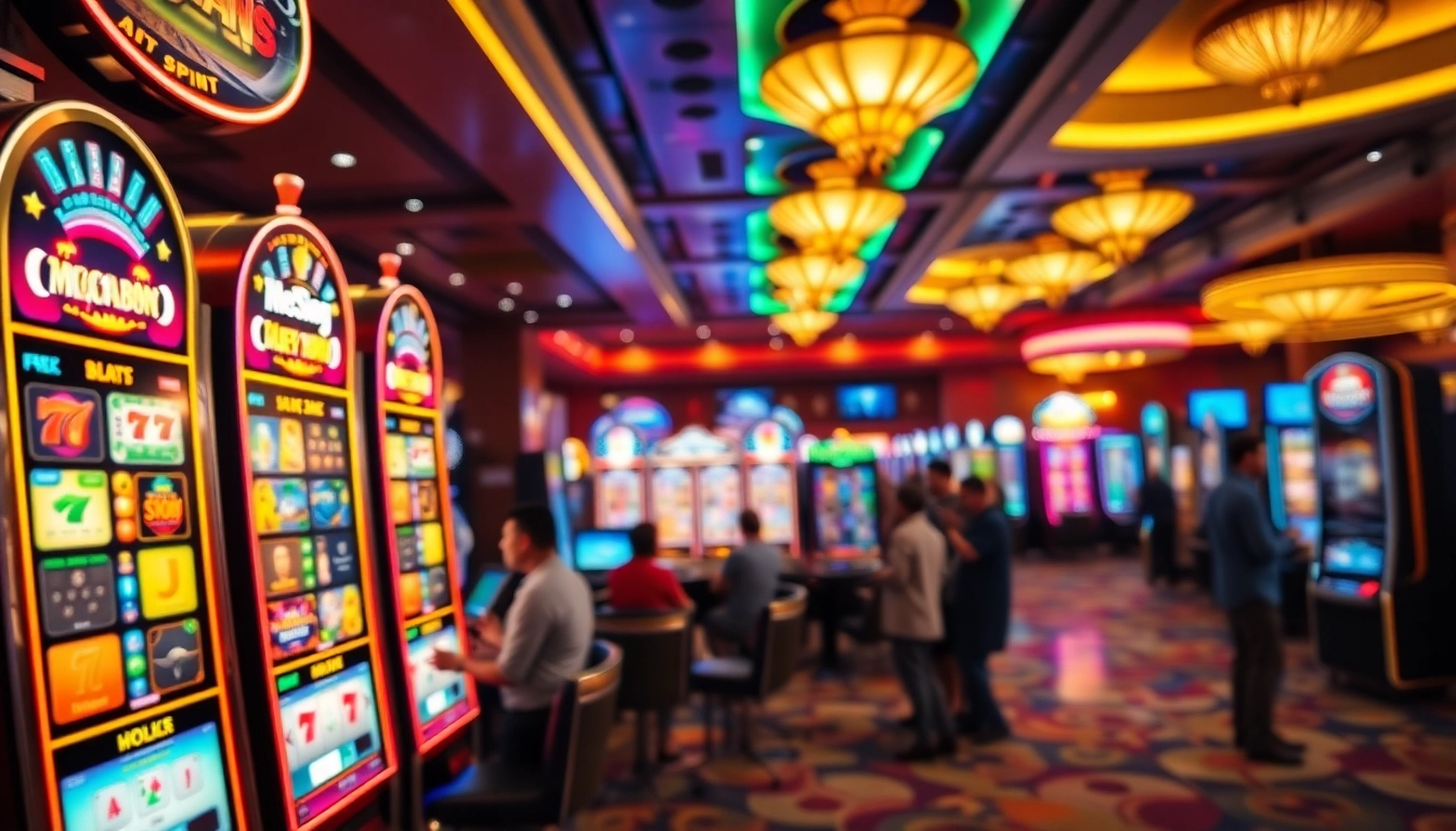 เครื่อง mega888slot บนพื้นคาสิโนที่มีผู้เล่นสนุกสนานและฉลองชัยชนะ